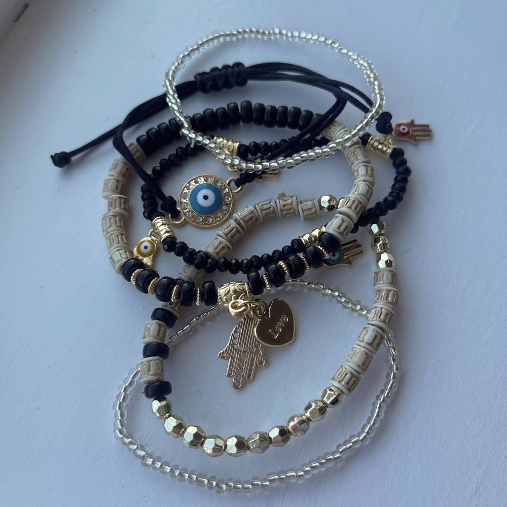 Boho Black & Gold Evil Eye, Hamsa Hand Charms Beaded Bracelet Set of 6 NEW